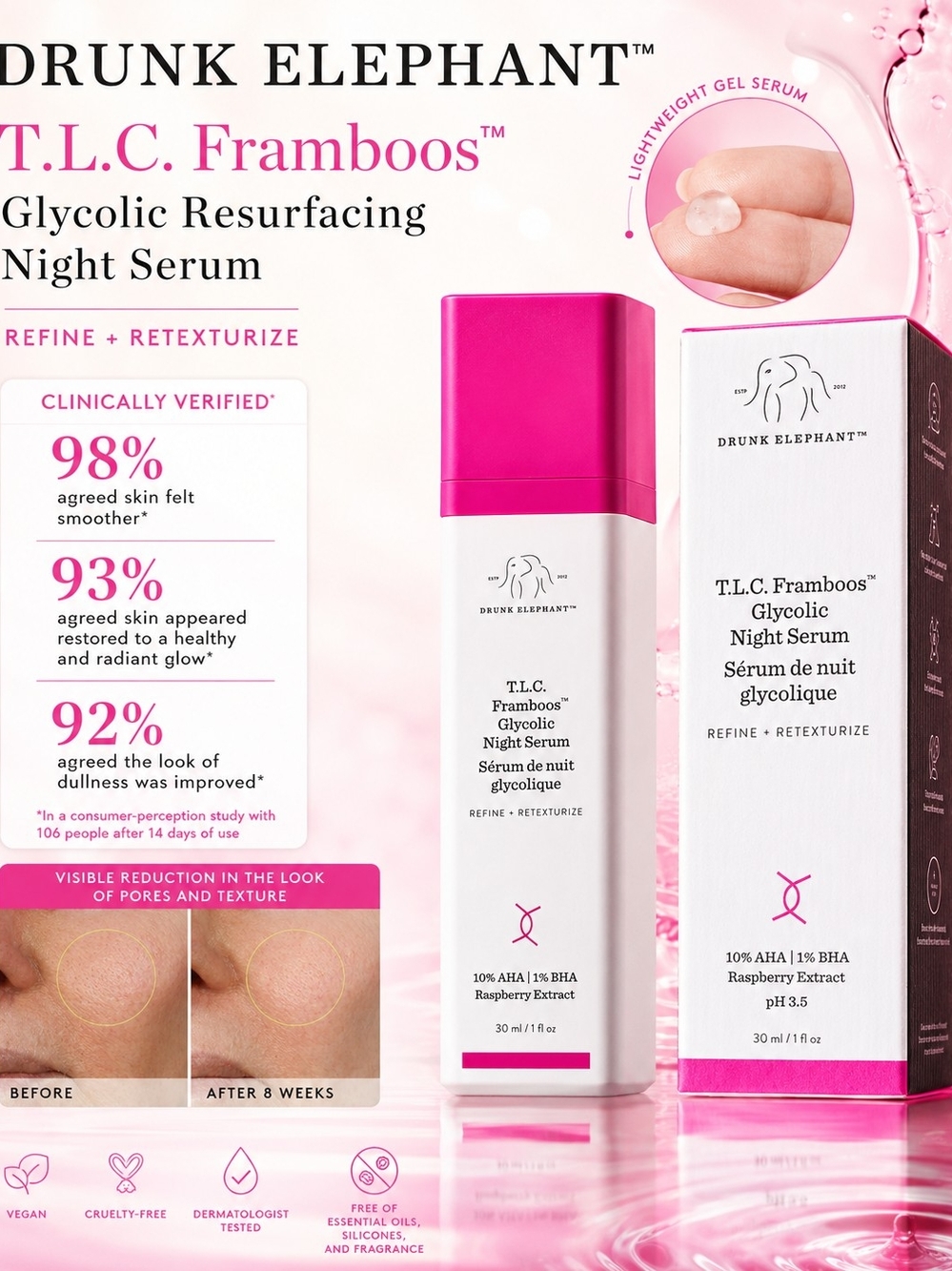 Drunk Elephant T.L.C. Framboos Glycolic Resurfacing Night Serum – 30 mL